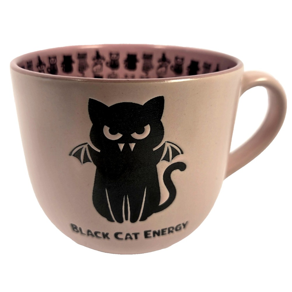 Better Living Black Cat Energy Pink Halloween Mug Bat Wings Cats Ceramic